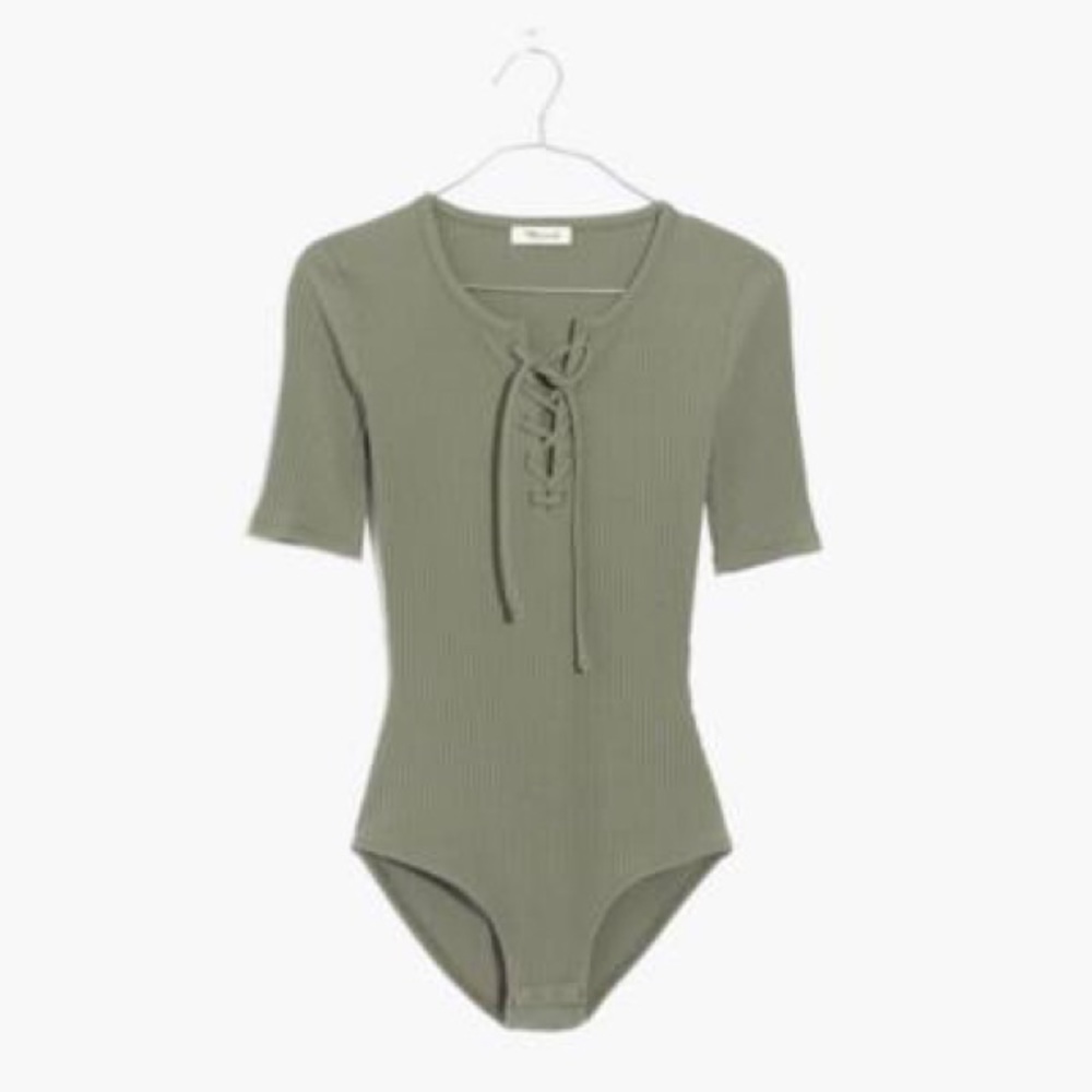 Madewell Green Ribbed Lace-Up Bodysuit
